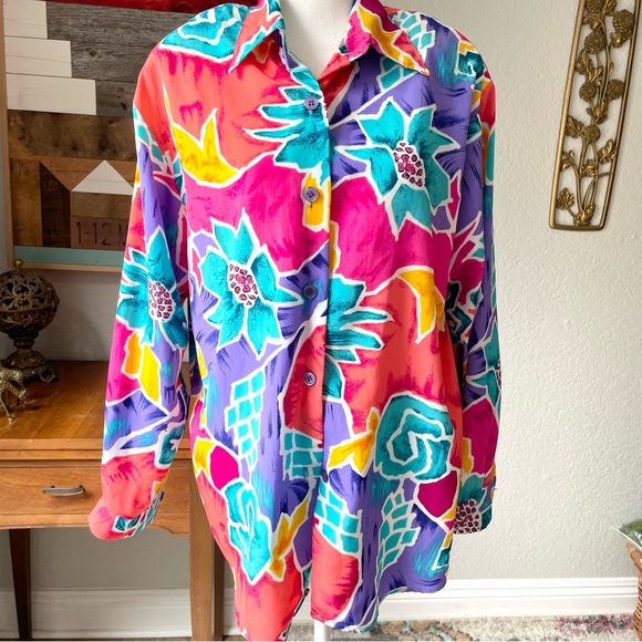 80s S.G. Sport Bright Floral Oversized Button Down Blouse - Picture 6 of 8